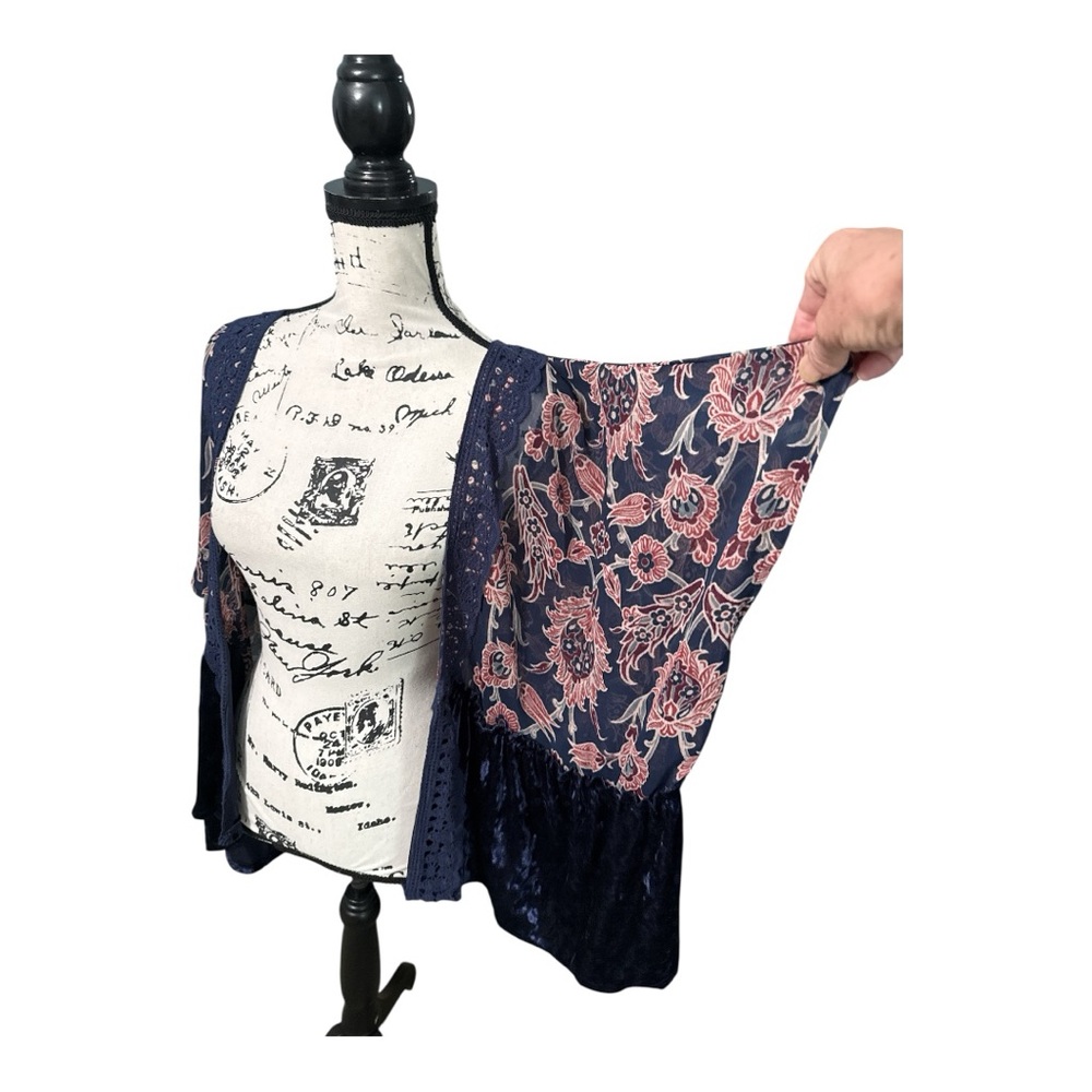 Velvet Crochet Lace Floral Kimono Boho Sheer Layering Cardigan Size M - Picture 2 of 8